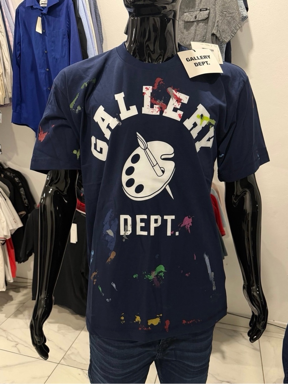 Gallery Dept Navy Blue Paint-Splatter Logo Tee for men NWT SIZE L oversized